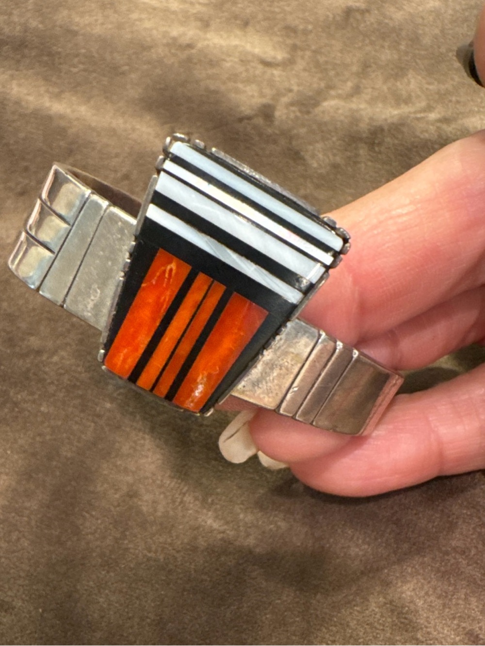 Sterling Silver Unsex Inlay Bracelet with Orange and Black Accents